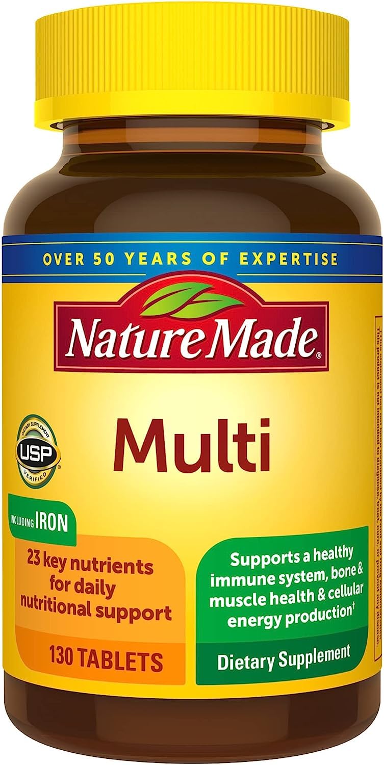 Nature Made Multivitamin Tablets with Iron, Multivitamin for Women and Men for Daily Nutritional Support, Multi Vitamins for Adults, 130 Tablets, 130 Day Supply