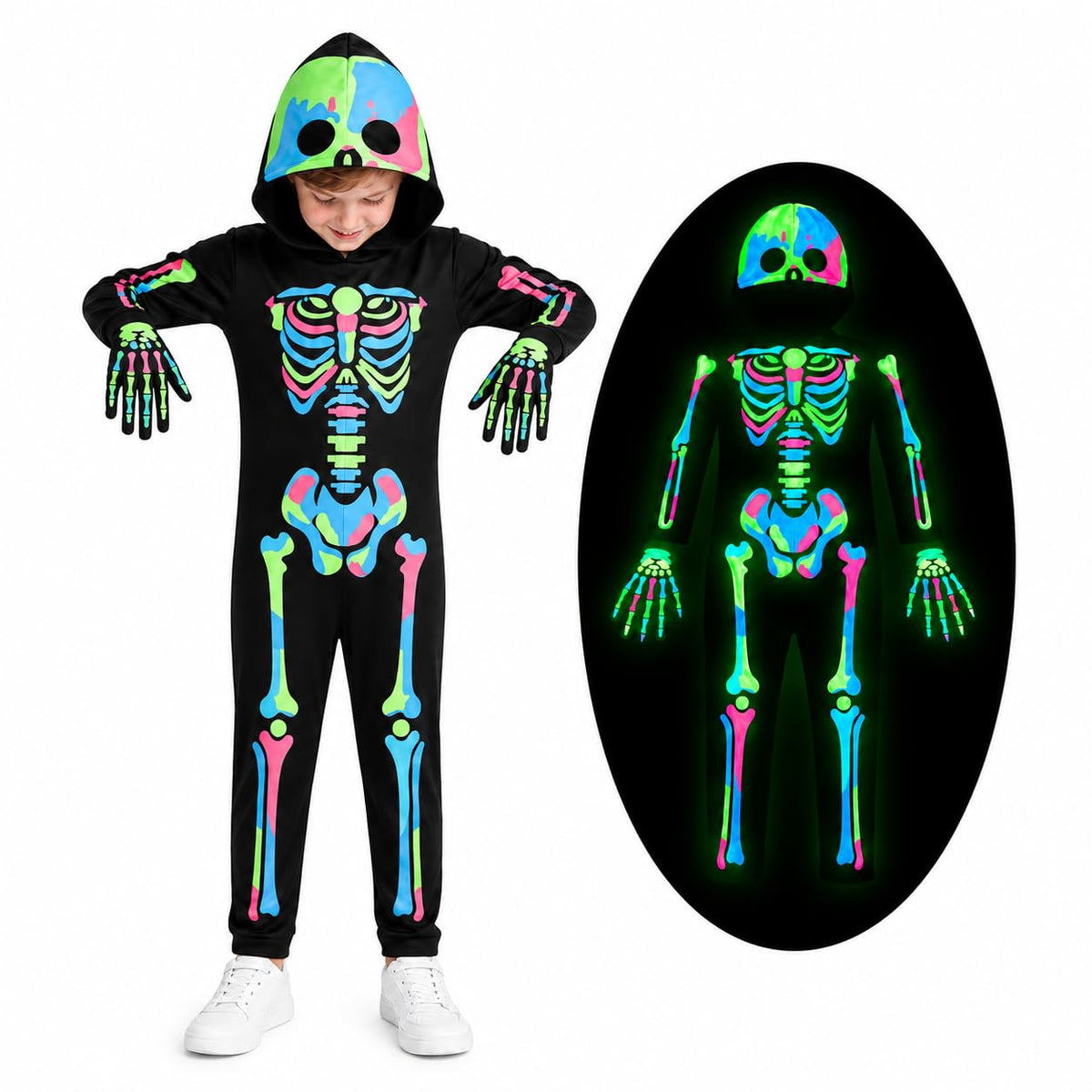 Glow in the Dark Colorful Skull Bones Jumpsuit Halloween Outfit for Kids Unisex Toddler Luminous Skeleton Costumes