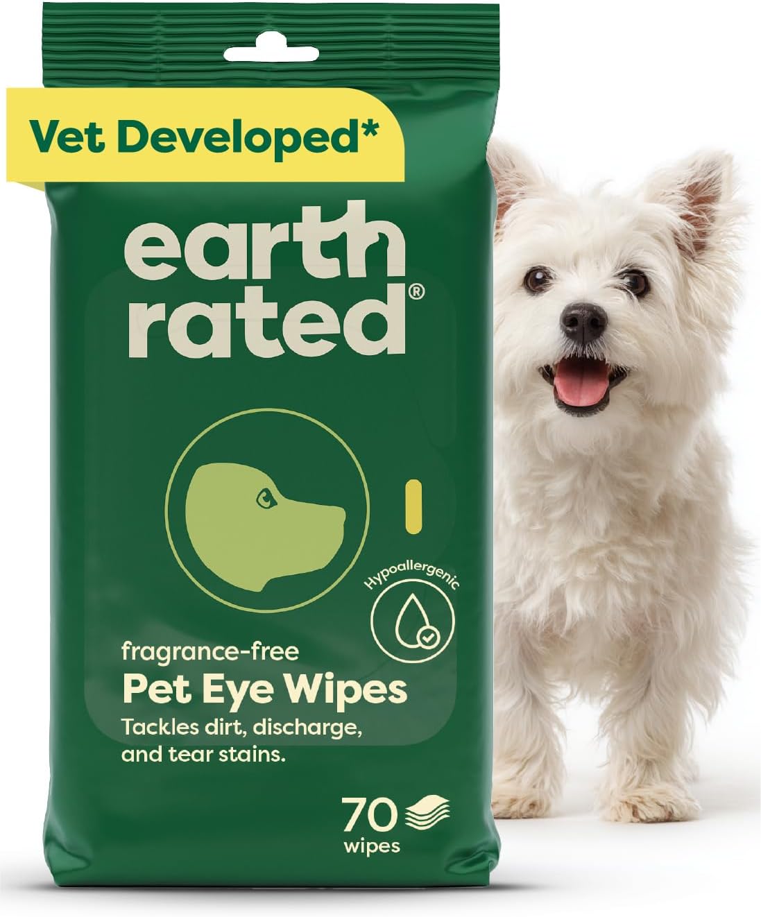 Earth Rated Dog Eye Wipes, Unscented, Removes Dirt & Discharge, 70ct | Vet-Developed, Hypoallergenic Pet Wipes for Dogs & Cats to Remove Dirt & Discharge, Fragrance Free