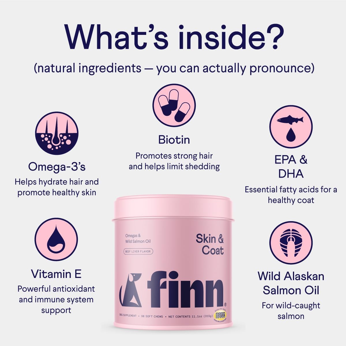 Finn Skin & Coat Salmon Oil Chews for Dogs | Omega-3 EPA & DHA | 90 Ct | Biotin, Zinc & B-Vitamins | Wild Alaskan Sourced | NASC Certified | Vet-Formulated | Healthy Skin & Coat