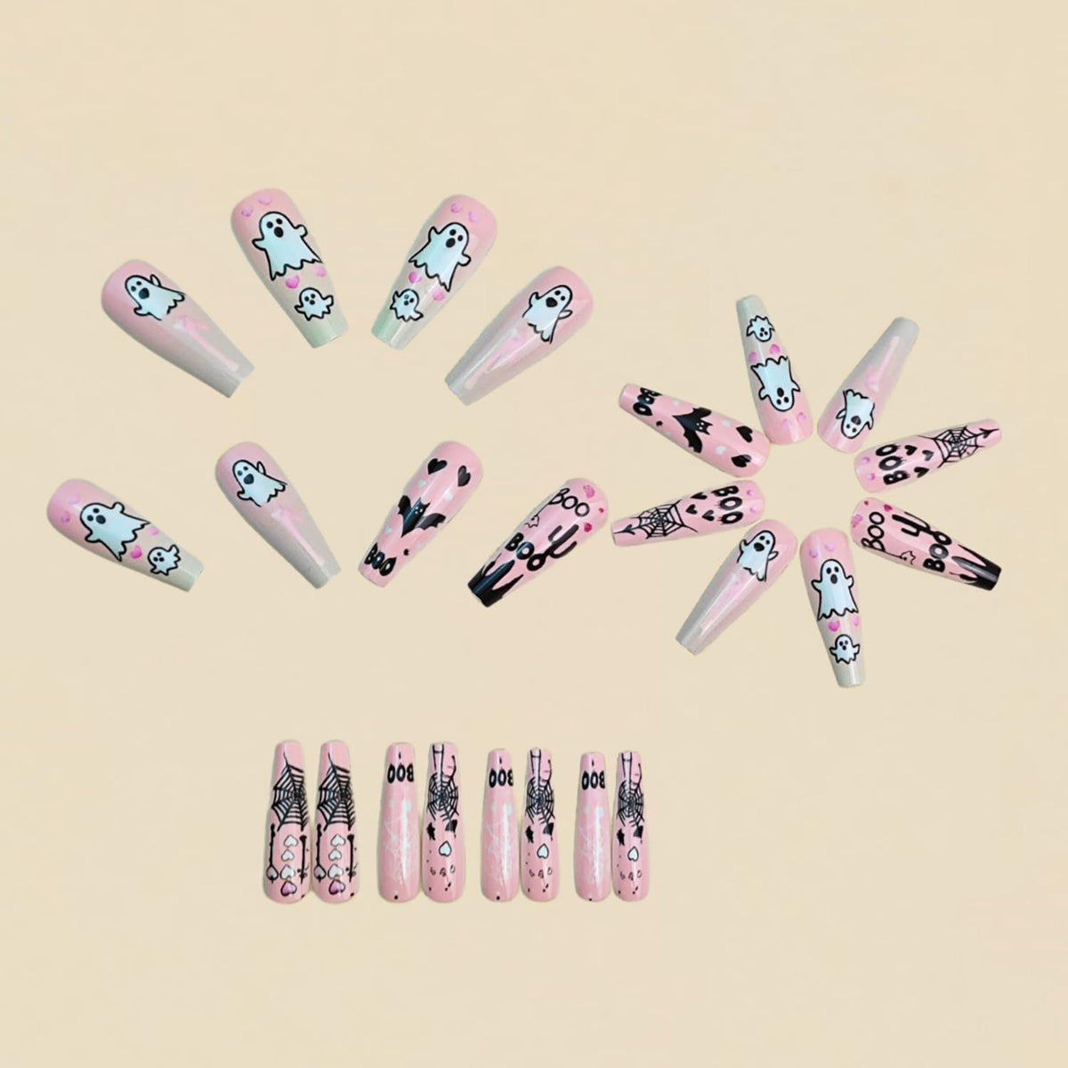 Pink Halloween Press on Nails Long Coffin Fake Nails Cute Ghost Bat Spider Web Design Glossy Acrylic Nails Reusable Stick on Nails Full Cover Artificial Nails Halloween Costume Party Daily Nail Decor