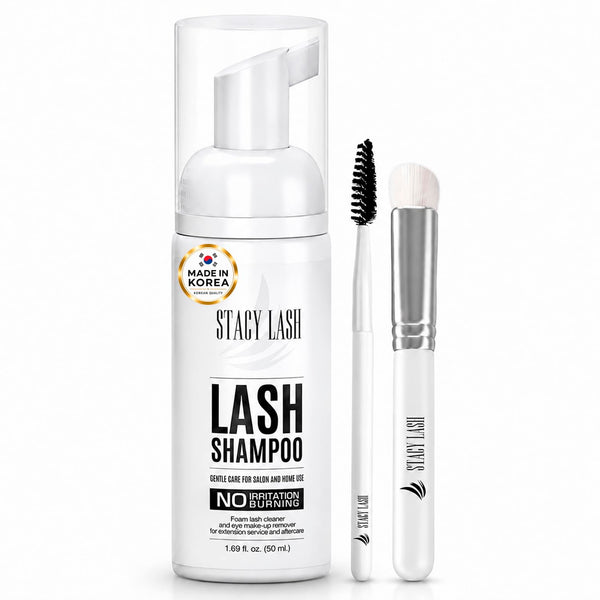 STACY LASH Eyelash Extension Shampoo + Brush / 1.69 fl.oz / 50ml / Korean Makeup Remover/Eyelid Foaming Cleanser/Wash for Extensions & Natural Lashes/Supplies for Professional & Home Use