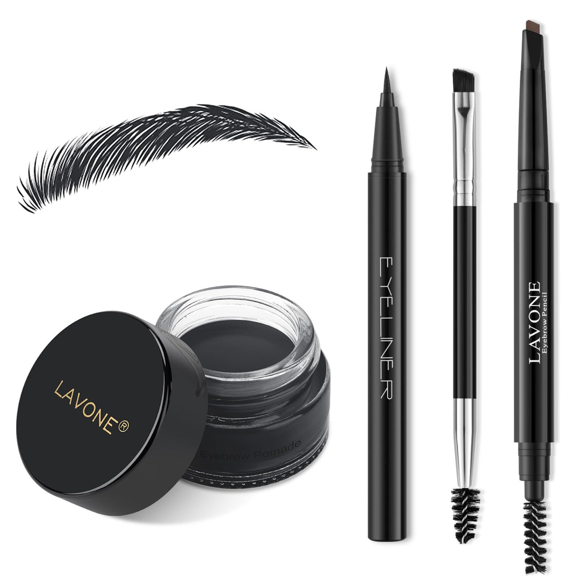 LAVONE Makeup Kit With Eyebrow Stamp Pencil, Waterproof Brow Pencil & Pomade, Eyeliner, Dual-ended Eyebrow Brush, Dark Brown