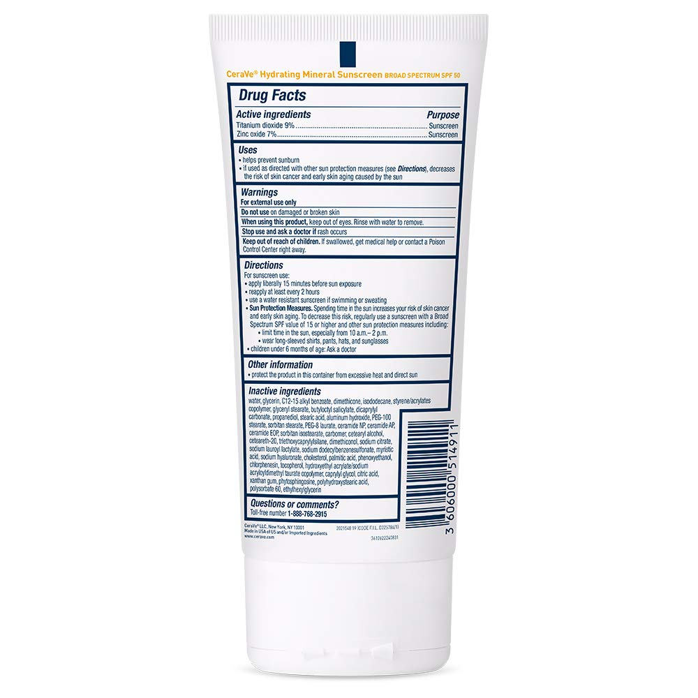 CeraVe 100% Mineral Sunscreen SPF 50 with Zinc Oxide & Titanium Dioxide, Hyaluronic Acid & Ceramides, Oil Free & Non-Greasy, Hydrating Mineral Sunscreen For Body, 5 oz