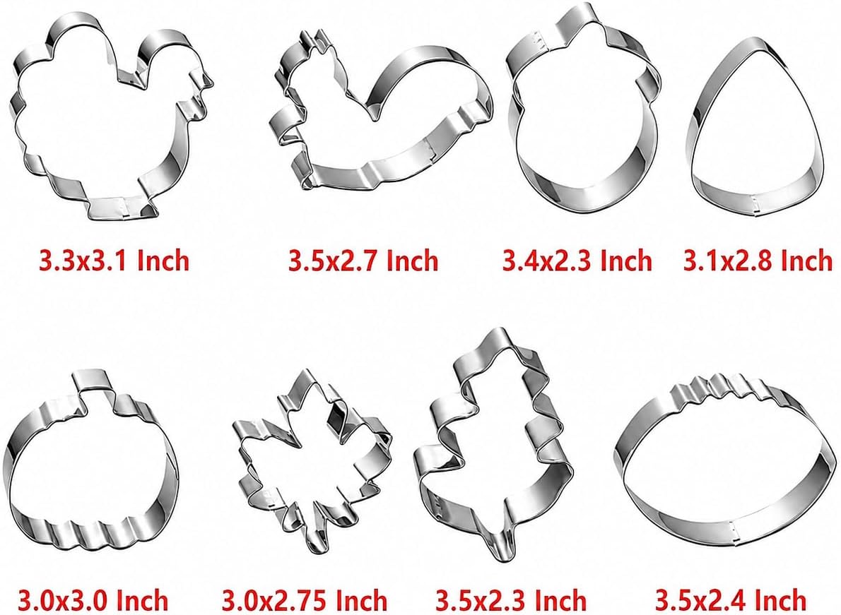 Fall Cookie Cutters Set, 8-Piece Thanksgiving Cookie Cutters with Pumpkin, Turkey, Football and Leaf Shapes, Stainless Steel