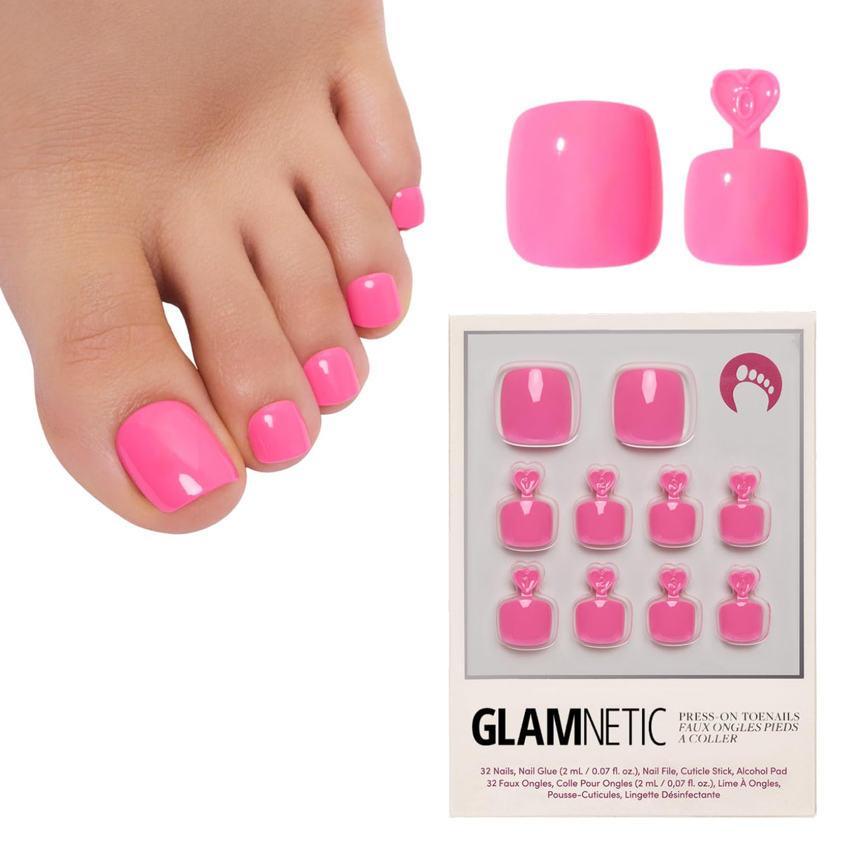 Glamnetic Press On Toenails - Natural Fake Nails | Cherry Red Chrome Press On Toenails, Salon Quality Press On Nails Kit with Glue | Cherry Glaze - 32 Nail Set in 16 Sizes