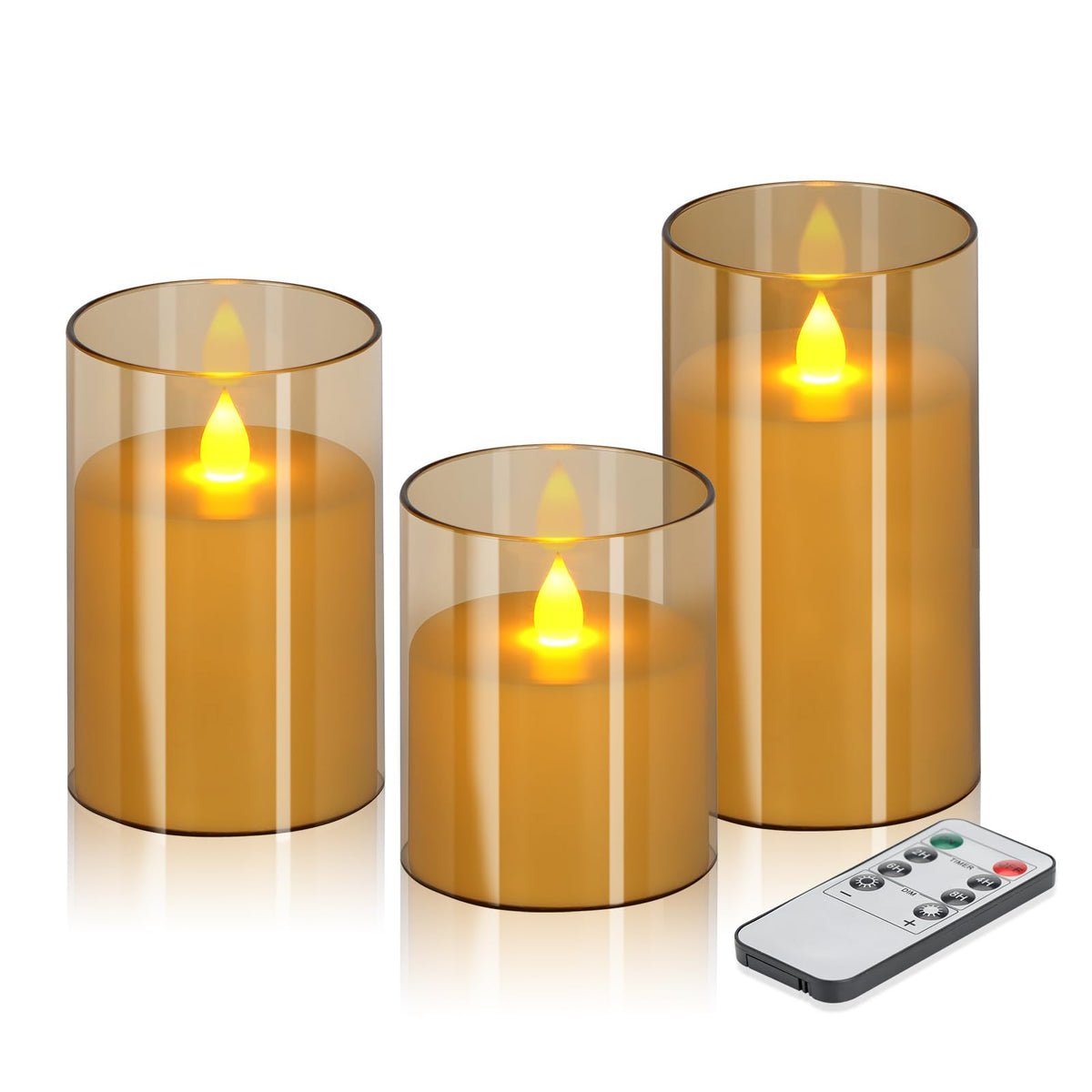wemarry Flameless Candles 4" 5" 6" Acrylic Glass Pillars 3" Diameter Battery Operated Flickering Candles Include 8-Key Remote with Timer Function 400+ Hours (Gray, Warm Light 3 Pack)