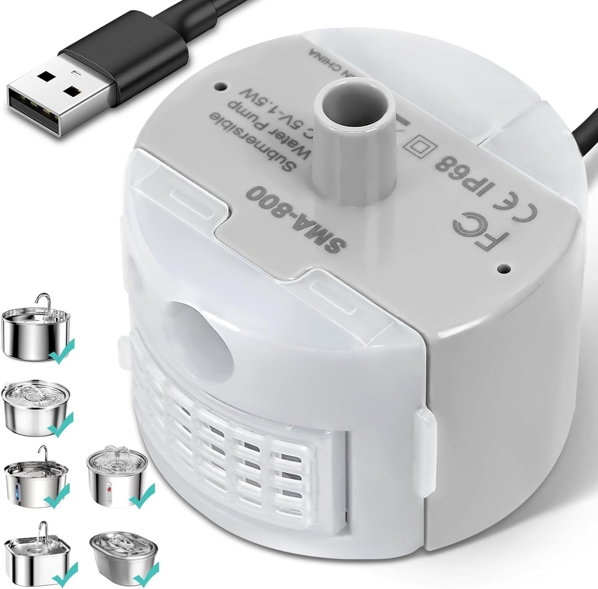 Ultra-Quiet Replacement Pump for Stainless Steel Cat Water Fountains - SMA-800 Motor - Safe and Easy to Clean with Low Voltage DC 5V and USB Cable (Pump) (Side Pump)