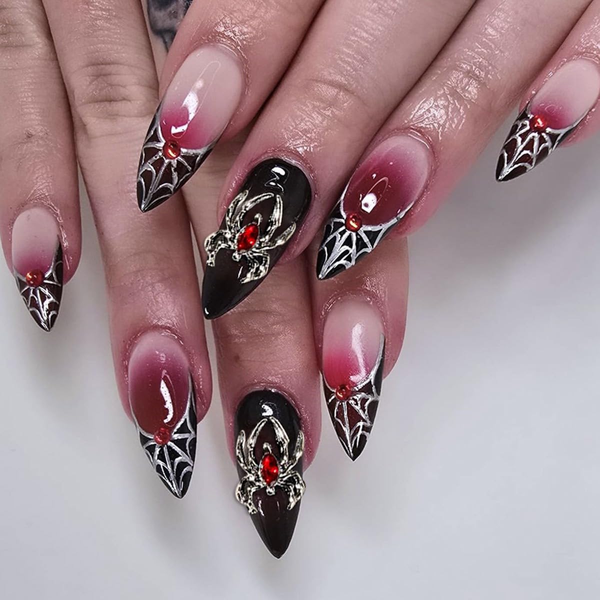 Halloween Press on Nails Almond Medium Fake Nails Black White Gradient Glue on Nail Goth False Nails with Bat Spider Web Designs Glossy Reusable Stick on Nail for Women Girls 24Pcs
