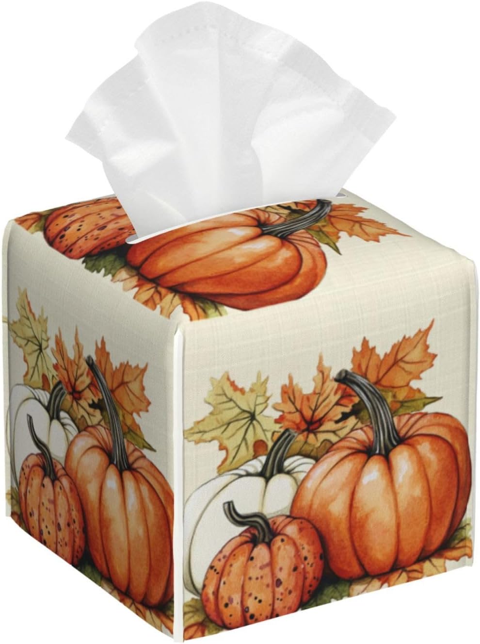 Pumpkins Fall Tissue Box Cover Autumn Leaves Square Leather Tissue Case Holder Facial Paper Organizer Decorative for Tabletop Night Stands Desk Bathroom Kitchen Car Office Home Decor