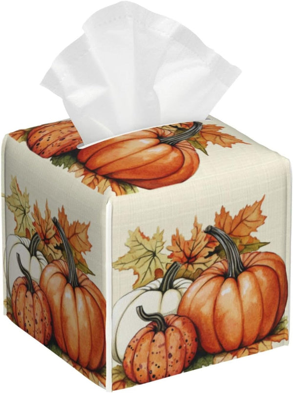 Pumpkins Fall Tissue Box Cover Autumn Leaves Square Leather Tissue Case Holder Facial Paper Organizer Decorative for Tabletop Night Stands Desk Bathroom Kitchen Car Office Home Decor
