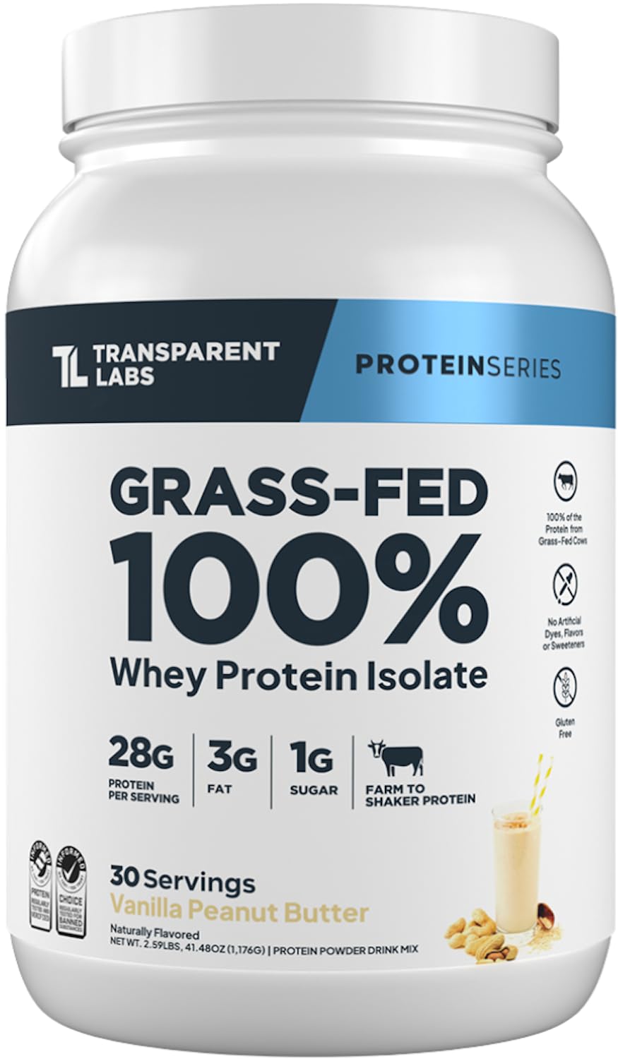 Transparent Labs Grass-Fed Whey Protein Isolate - Naturally Flavored, Gluten Free Whey Protein Powder with 28g of Protein per Serving & 9 Amino Acids - 30 Servings, Chocolate Peanut Butter