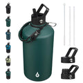 BJPKPK Half Gallon Insulated Water Bottles with Straw Lid & Side Handle, 64oz Large, Stainless Steel Water Bottles with 3 Lids and Paracord Strap, Metal Water Jug,Black
