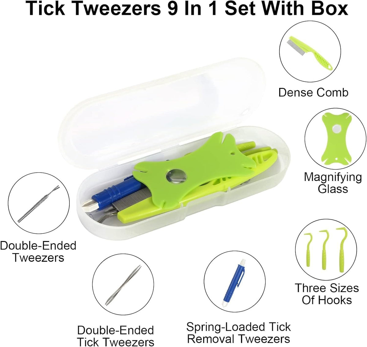 Tick Removal Tool Kit 8-in-1 with Storage Box for Dogs and Cats | Stainless Steel - Tick & Flea Remover Dogs Cats Outdoor - Tick Comb Tweezers Flea Comb Magnifying Glass Storage Box
