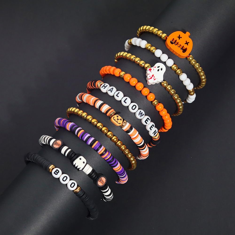 Halloween Bracelets Set for Women,10Pcs Stocking Stuffer Clay Preppy Heishi Boo Skull Charm Beads Stackable Bracelet Adjustable Friendship Holiday Stretch Jewelry Gift