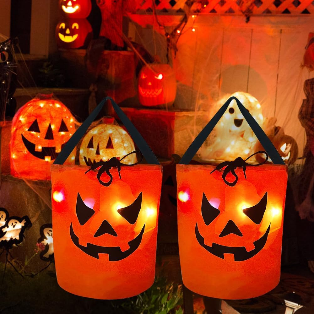 JXITON Halloween Drawstring Candy Bags Light up Multipurpose Halloween Trick or Treat Candy Bag with Pumpkin Smile Face Reusable Orange Goodie Bags for Kids(3 Pcs)