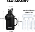 BJPKPK Half Gallon Insulated Water Bottles with Straw Lid & Side Handle, 64oz Large, Stainless Steel Water Bottles with 3 Lids and Paracord Strap, Metal Water Jug,Black
