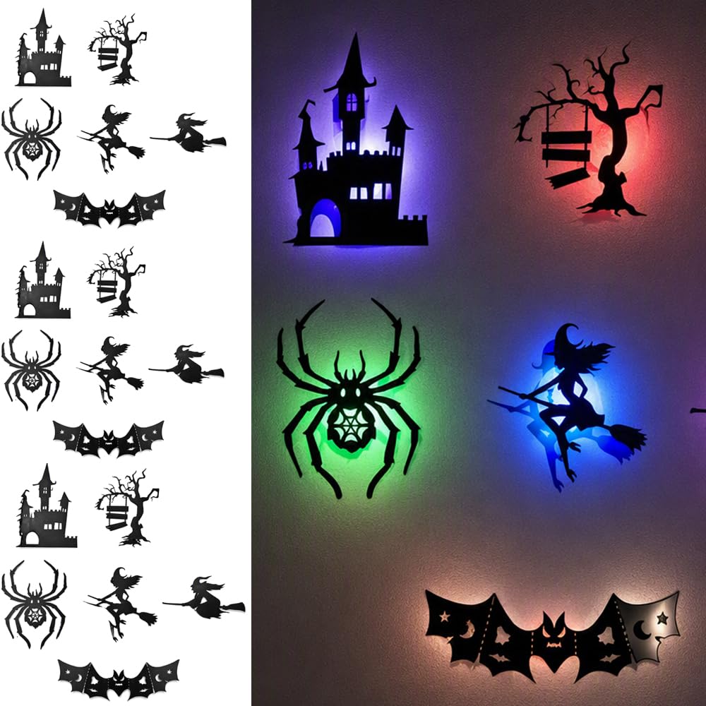Halloween LED Wall Decor Lights 3D Bat Witch Stickers Window Clings (Black)