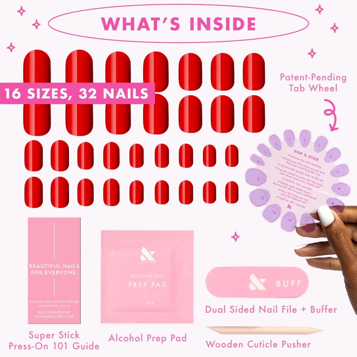Olive & June Super Stick Press-On Nails, Lollipop Cherry Red, Short, Round | No glue needed; 32 non-toxic tab nails in 16 sizes, easy on-off, non-damaging, 7-day wear; salon-quality mani at home