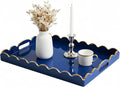 Gesodant Scalloped Glossy Plastic Lacquer Decorative Tray, 15.7 x 11.8 Inch Rectangle Serving Tray with Handles for Coffee Table, Ottoman, Bedroom Vanity, Living Room Centerpiece (Royal Blue & Gold)
