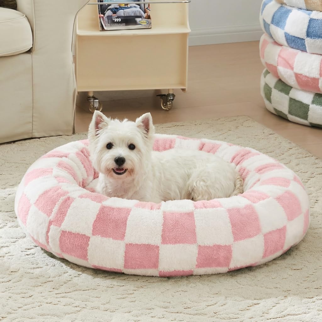 Ohocut Checkered Dog Bed, Cute Black White Retro Style Aesthetic Round Warming Pet Calming Beds for Small Dog and Cats, Plush Cozy Donut Dog Beds Washable, 30" L x 30" W x 8" Th