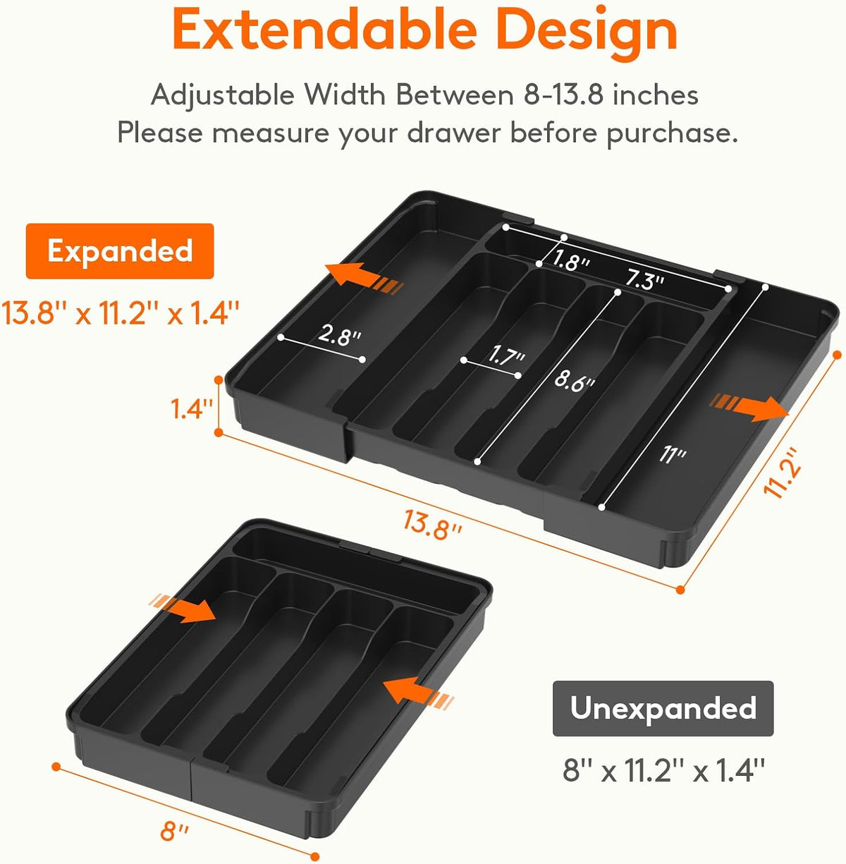 Lifewit Expandable Silverware Organizer, Plastic Utensil Tray for Kitchen Drawer, BPA Free Flatware Cutlery Holder, Space-Saving Storage for Spoons Forks Knives, 8-13.8 x 11.2 x 1.4 inch, Black