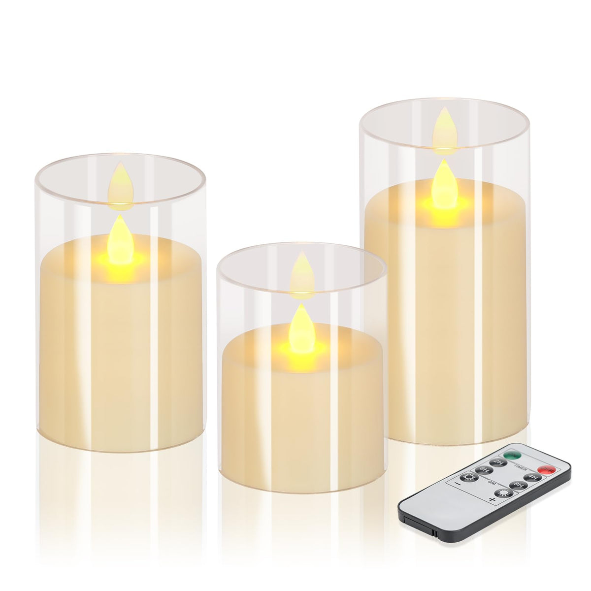 wemarry Flameless Candles 4" 5" 6" Acrylic Glass Pillars 3" Diameter Battery Operated Flickering Candles Include 8-Key Remote with Timer Function 400+ Hours (Gray, Warm Light 3 Pack)