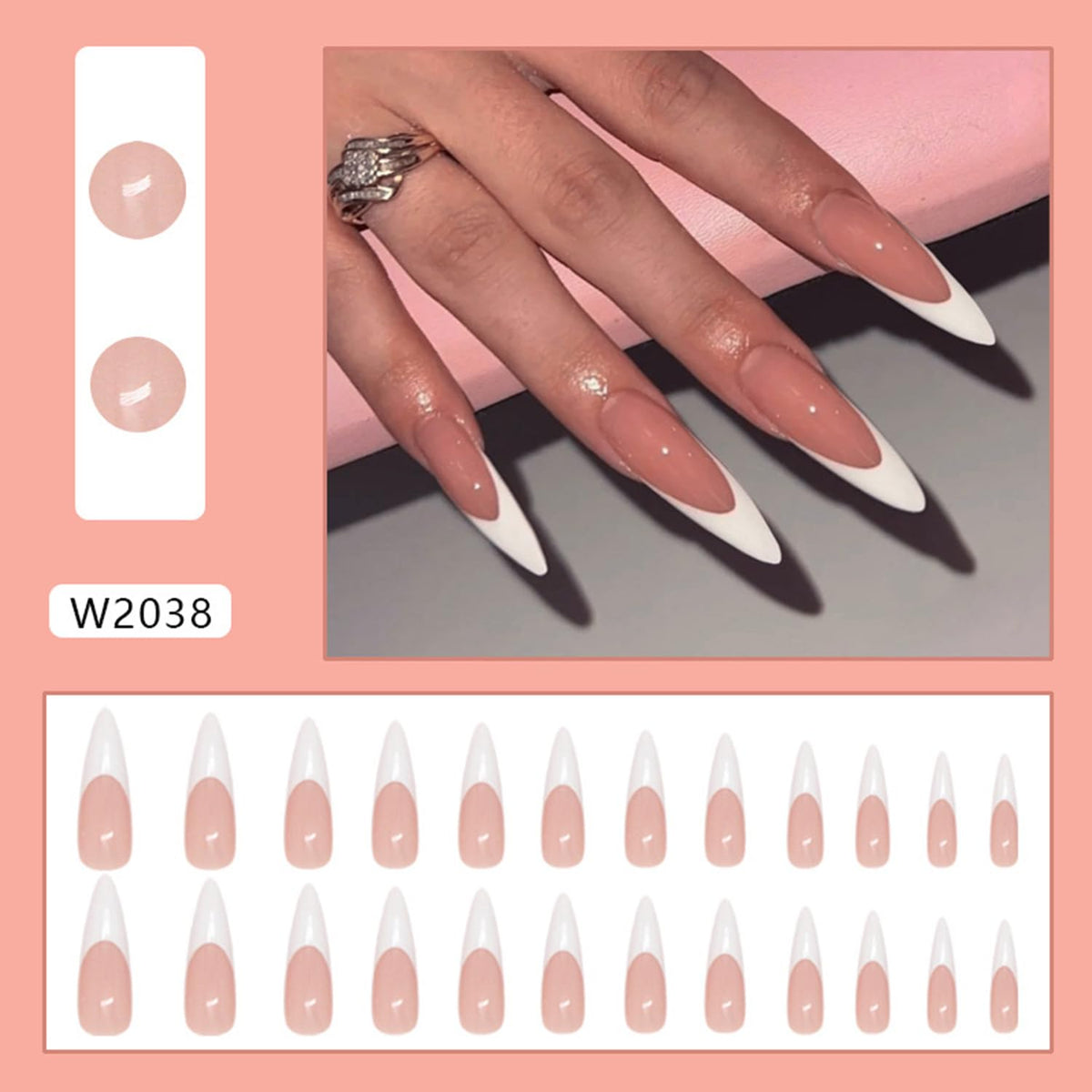 Stilettos Press on Nails White French Tip False Nails Glossy Extra Long Natural Glue on Nail Reusable Artificial Acrylic Stick on Nail for Women