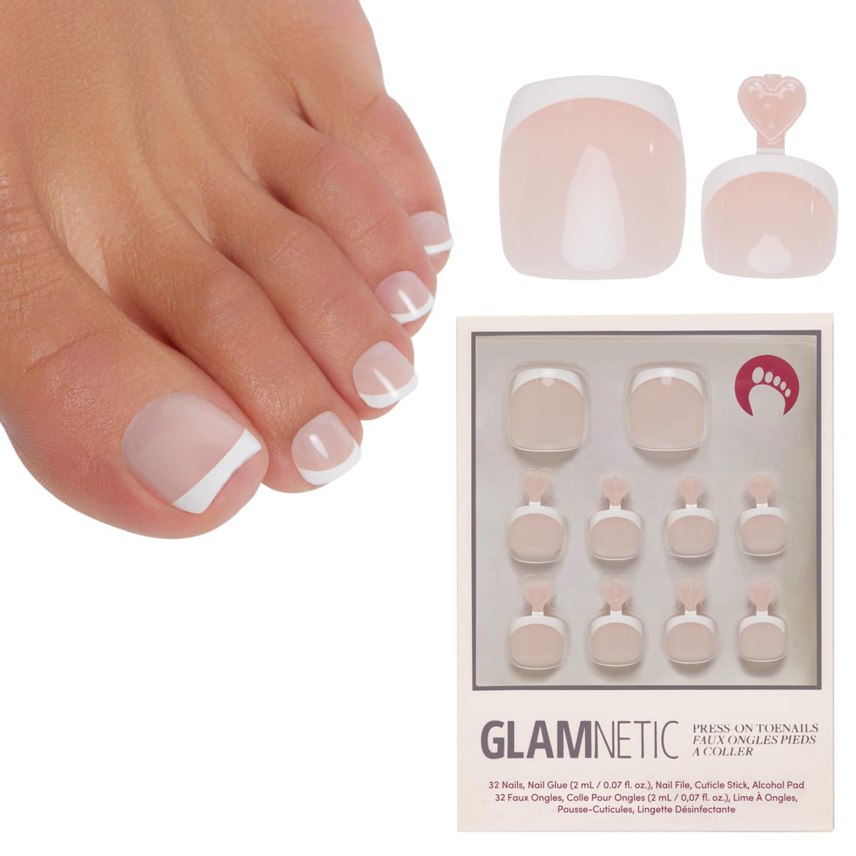 Glamnetic Press On Toenails - Natural Fake Nails | Cherry Red Chrome Press On Toenails, Salon Quality Press On Nails Kit with Glue | Cherry Glaze - 32 Nail Set in 16 Sizes