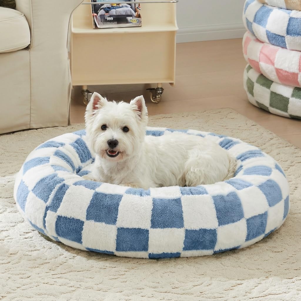 Ohocut Checkered Dog Bed, Cute Black White Retro Style Aesthetic Round Warming Pet Calming Beds for Small Dog and Cats, Plush Cozy Donut Dog Beds Washable, 30" L x 30" W x 8" Th