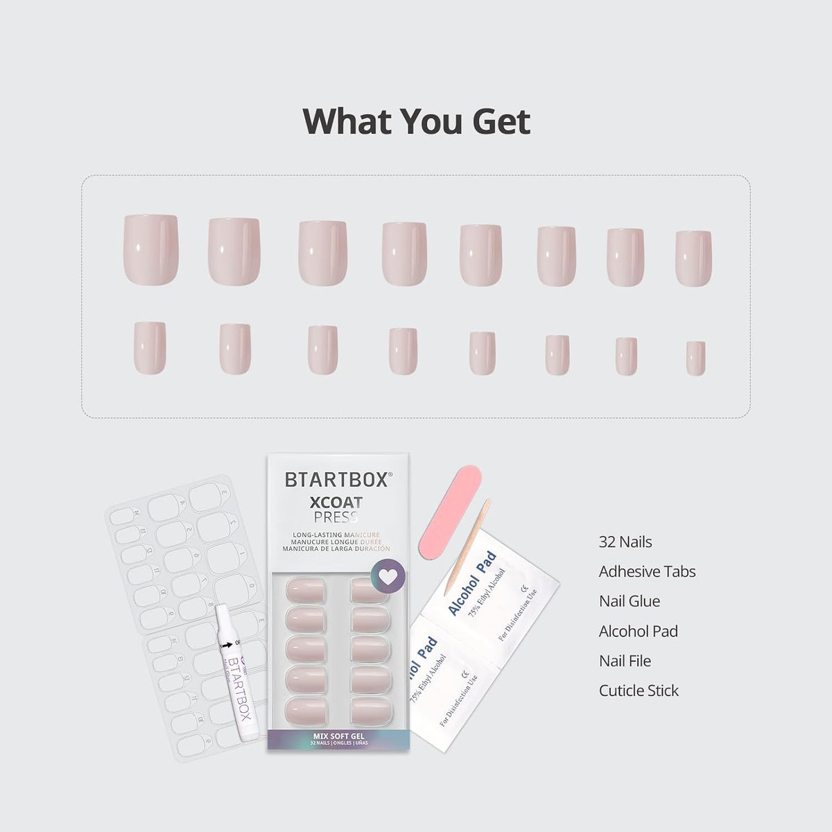 BTArtbox Press On Nails, Heeled Neutral, Short Square, Nude Pink, 32Ct | 2+ Weeks Wear, Salon-Quality Natural Nails, 10-Minute Easy Daily Application, Fast Removal, 16 Sizes, All-in-One Complete Kit