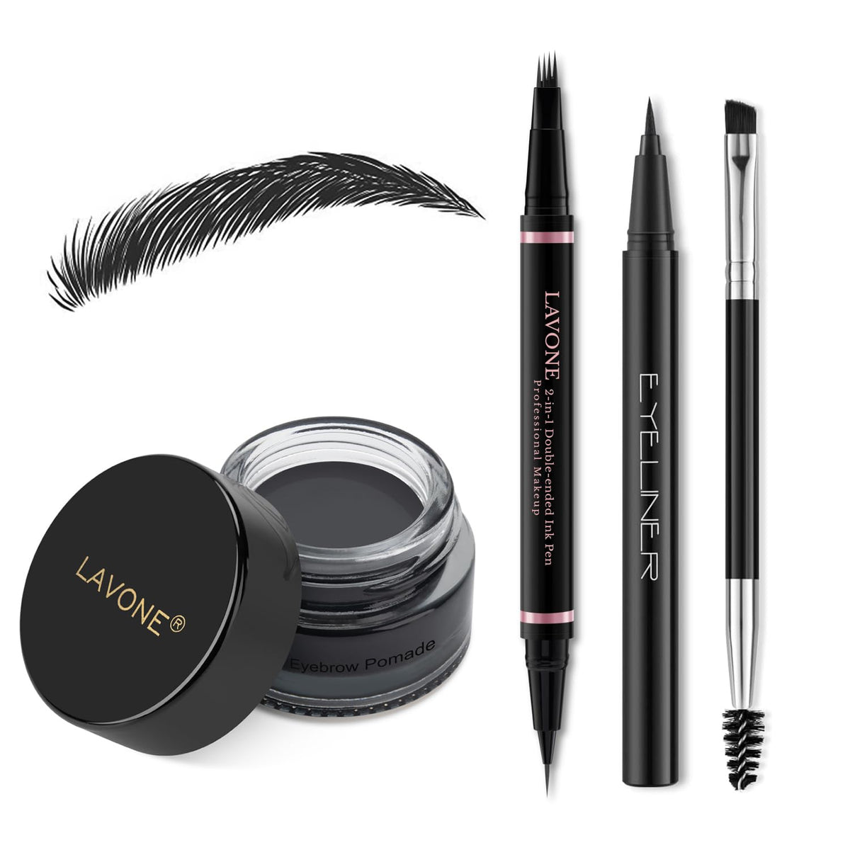LAVONE Eyebrow Pen Makeup Kit, with Waterproof Eyebrow Pencil, Eyeliner, Pomade, and Brow Brush, Smudge-Proof and Long Lasting, Create Full and Natural Brows, Dark Brown