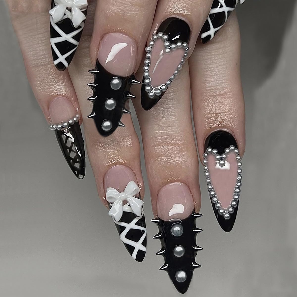 Halloween Press on Nails Almond Medium Fake Nails Black White Gradient Glue on Nail Goth False Nails with Bat Spider Web Designs Glossy Reusable Stick on Nail for Women Girls 24Pcs