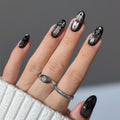 Halloween Press on Nails Almond Medium Fake Nails Black White Gradient Glue on Nail Goth False Nails with Bat Spider Web Designs Glossy Reusable Stick on Nail for Women Girls 24Pcs