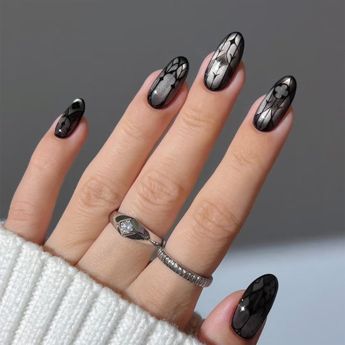 Halloween Press on Nails Almond Medium Fake Nails Black White Gradient Glue on Nail Goth False Nails with Bat Spider Web Designs Glossy Reusable Stick on Nail for Women Girls 24Pcs