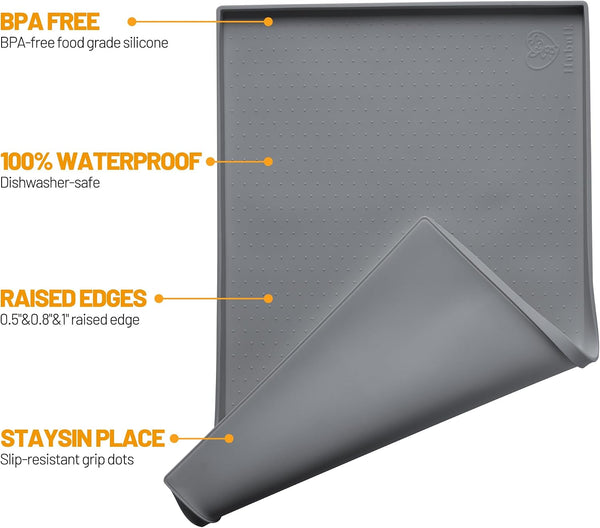 Hubulk Dog Feeding Mat,100% Waterproof BPA Free Silicone Pet Food and Water Bowl Placemat,Dishwasher, High Raised Edge to Prevent Spills,Nonslip Tray to Stop Messes on Floor (19"x12"x0.5", Grey)
