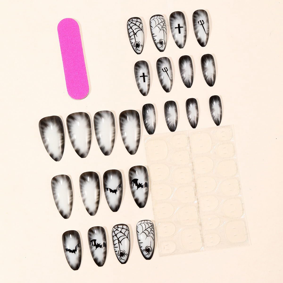 Halloween Press on Nails Almond Medium Fake Nails Black White Gradient Glue on Nail Goth False Nails with Bat Spider Web Designs Glossy Reusable Stick on Nail for Women Girls 24Pcs