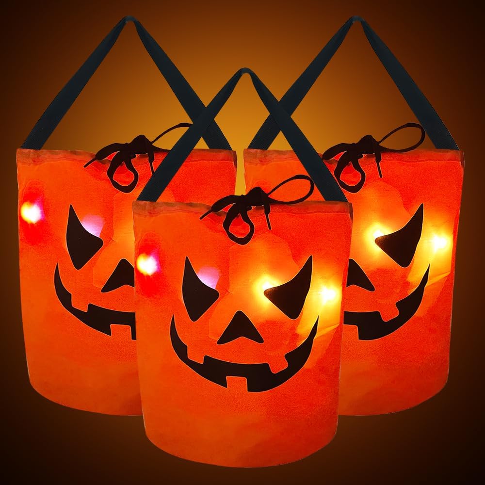 JXITON Halloween Drawstring Candy Bags Light up Multipurpose Halloween Trick or Treat Candy Bag with Pumpkin Smile Face Reusable Orange Goodie Bags for Kids(3 Pcs)