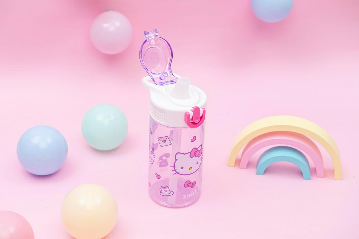 Zak Designs Sanrio Hello Kitty Sage 16oz Leak-Proof Straw Kids Water Bottle | BPA Free, Durable Plastic, Cupholder Friendly, Dishwasher Safe, Easy to Clean, Lid Lock, Handle, For School, Home, Travel
