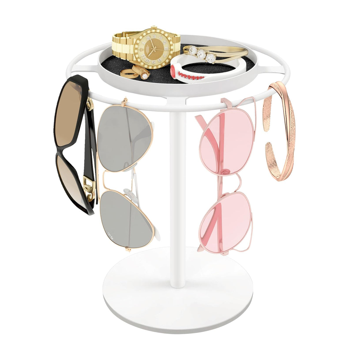 LSK Metal Sunglasses Organizer, Glasses Holder Stand with Storgae Tray, Eyeglasses Holder with Anti-Slip Pads for Tabletop, Desk, Dresser, Gold