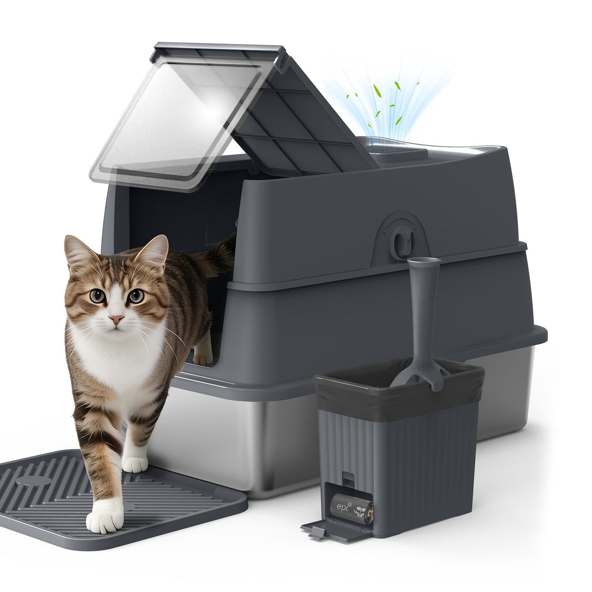 Stainless Steel Litter Box with Lid | Extra Large Enclosed Cat Litter Box for Big Cats | High Sided Metal Litter Boxes | 100% Anti-Urine Leakage | Odor Control | Non-Stick with Litter Scoop Set & Mat