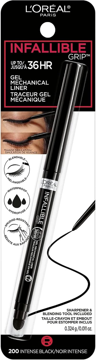 L'Oreal Paris Infallible Grip Mechanical Gel Eyeliner Pencil, Smudge-Resistant, Waterproof Eye Makeup with Up to 36HR Wear, Intense Black, 0.01 Oz
