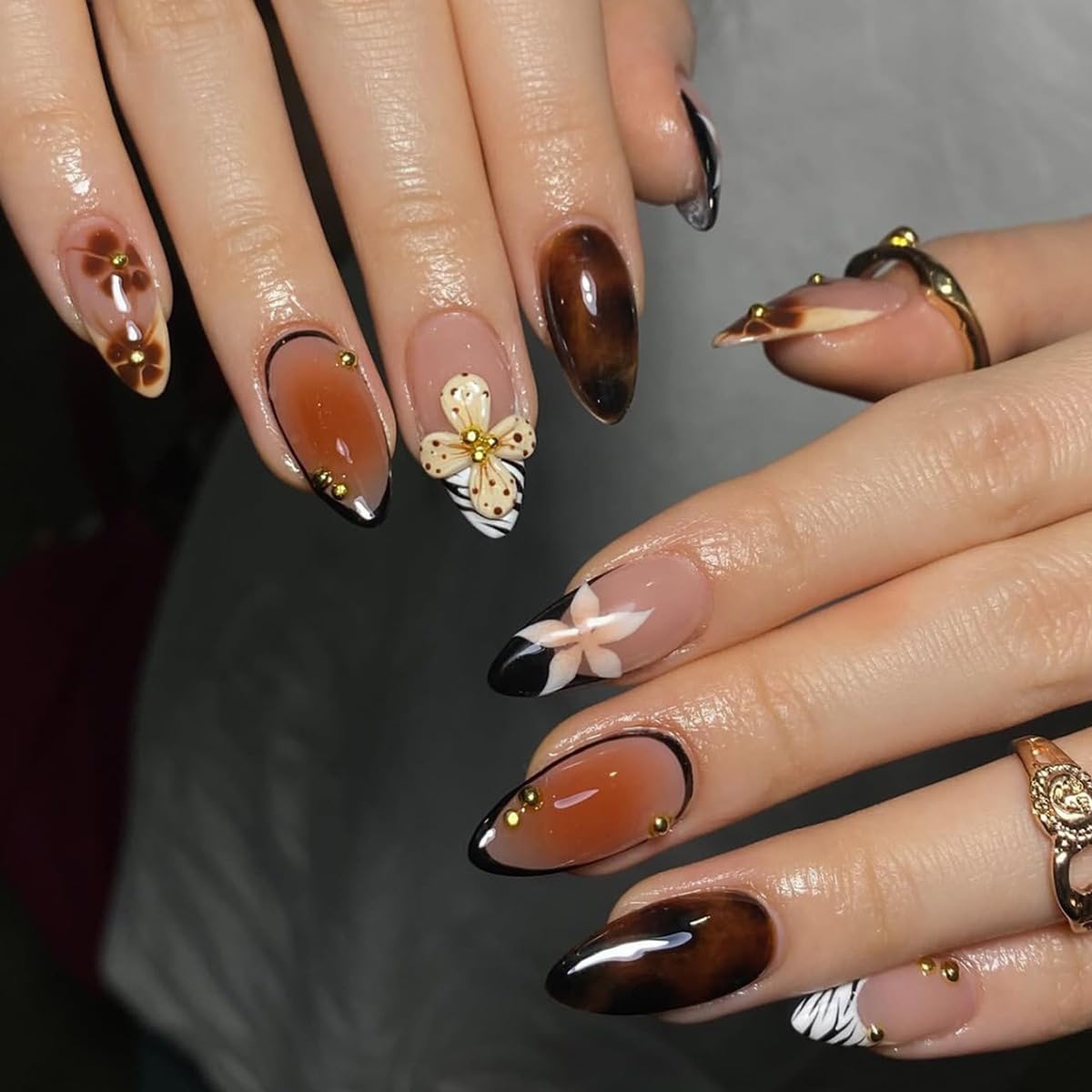 Halloween Press on Nails Almond Medium Fake Nails Black White Gradient Glue on Nail Goth False Nails with Bat Spider Web Designs Glossy Reusable Stick on Nail for Women Girls 24Pcs