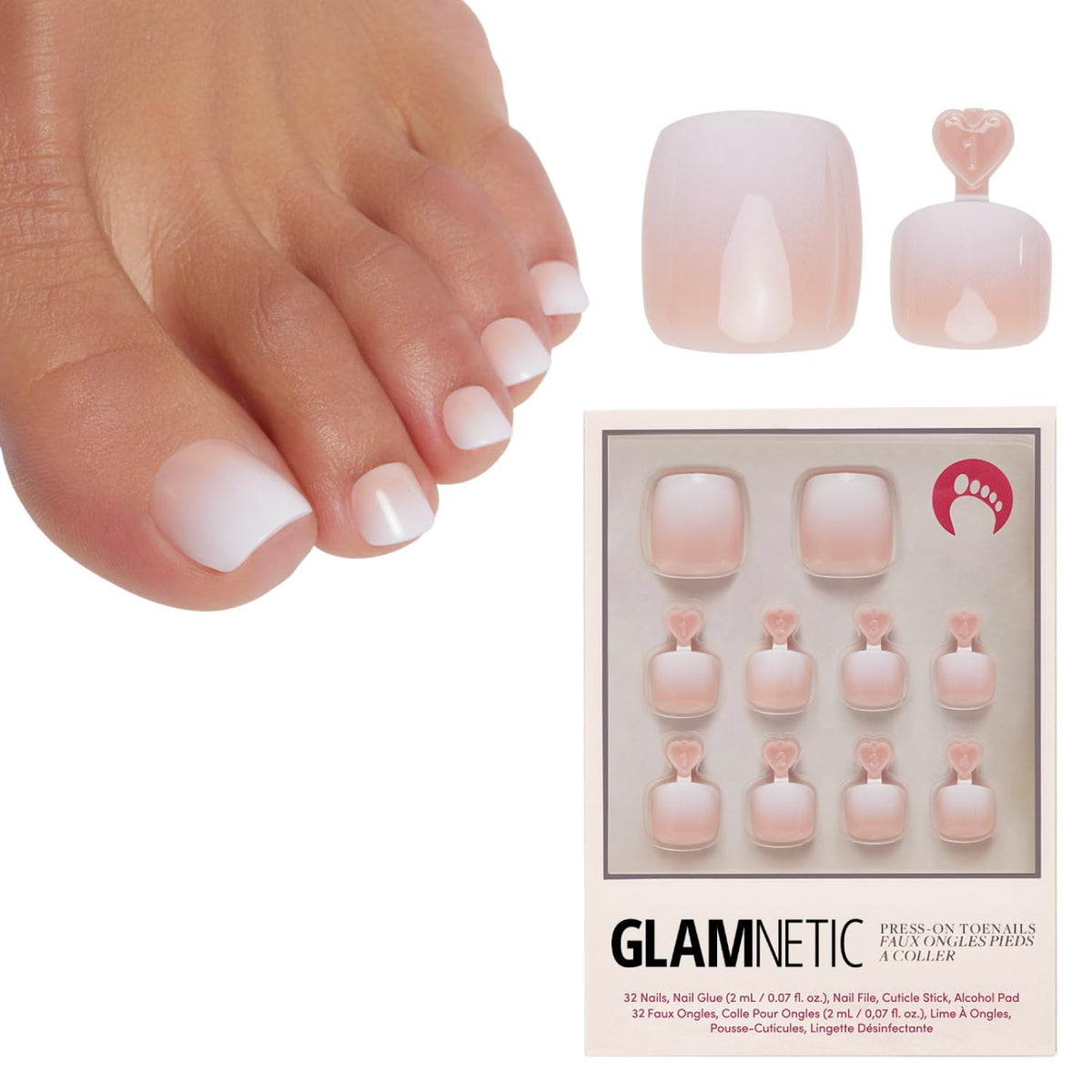 Glamnetic Press On Toenails - Natural Fake Nails | Cherry Red Chrome Press On Toenails, Salon Quality Press On Nails Kit with Glue | Cherry Glaze - 32 Nail Set in 16 Sizes