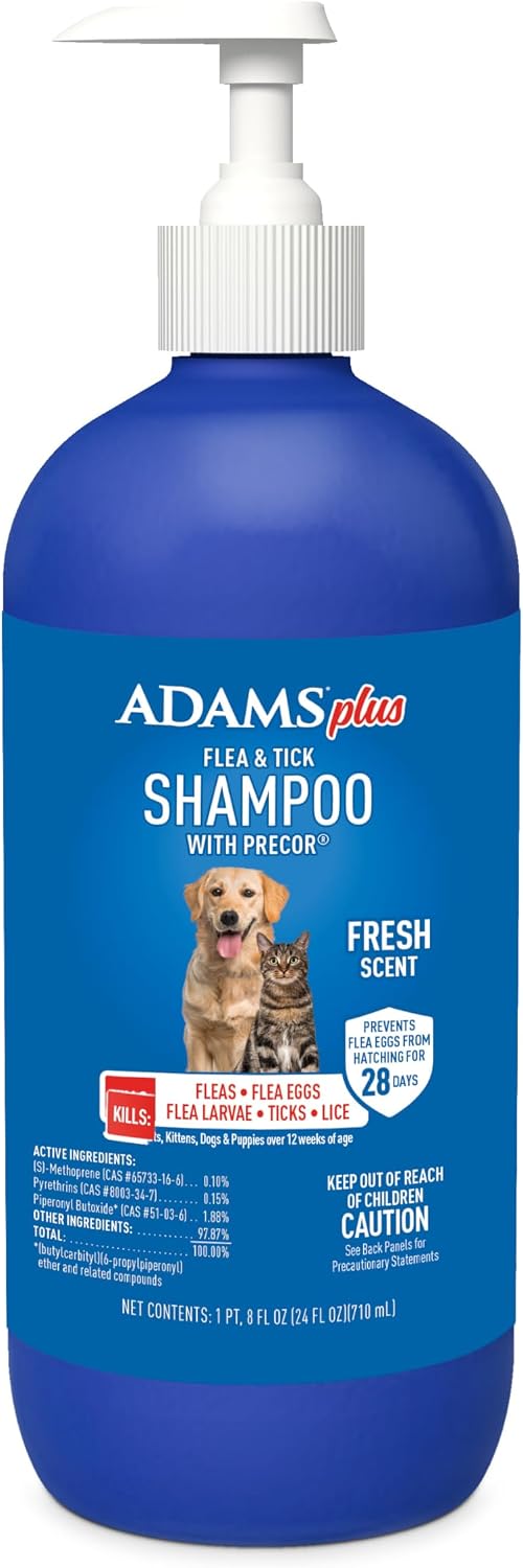 ADAMS Plus Flea & Tick Shampoo with Precor for Dogs & Cats, 24 oz | Flea shampoo for dogs and cats kills flea eggs and lice on contact, helps stop hatching for 28 days