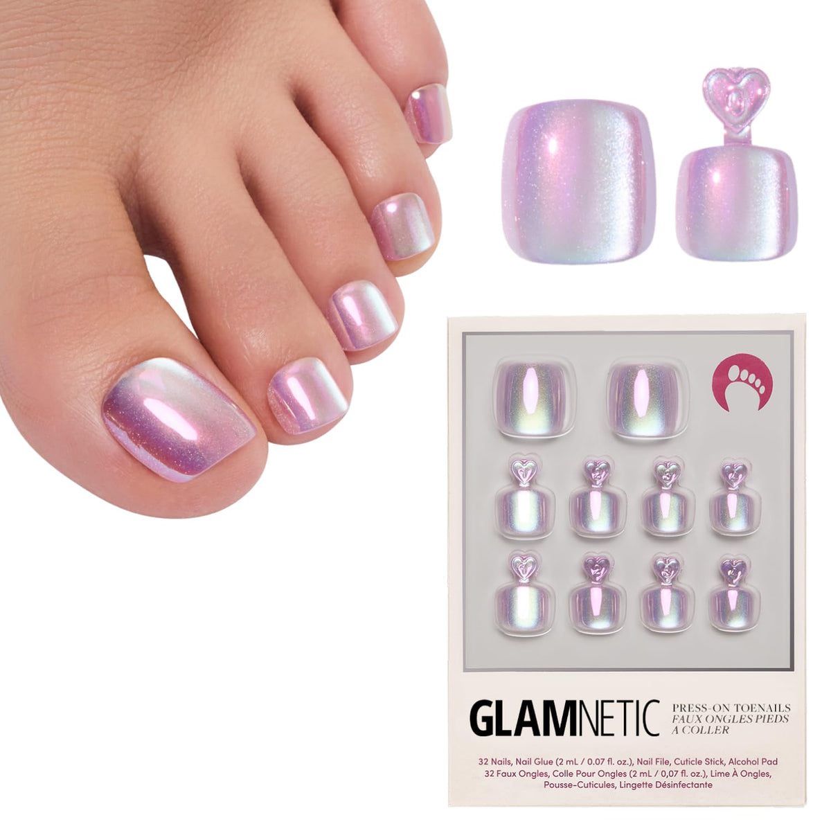 Glamnetic Press On Toenails - Natural Fake Nails | Cherry Red Chrome Press On Toenails, Salon Quality Press On Nails Kit with Glue | Cherry Glaze - 32 Nail Set in 16 Sizes