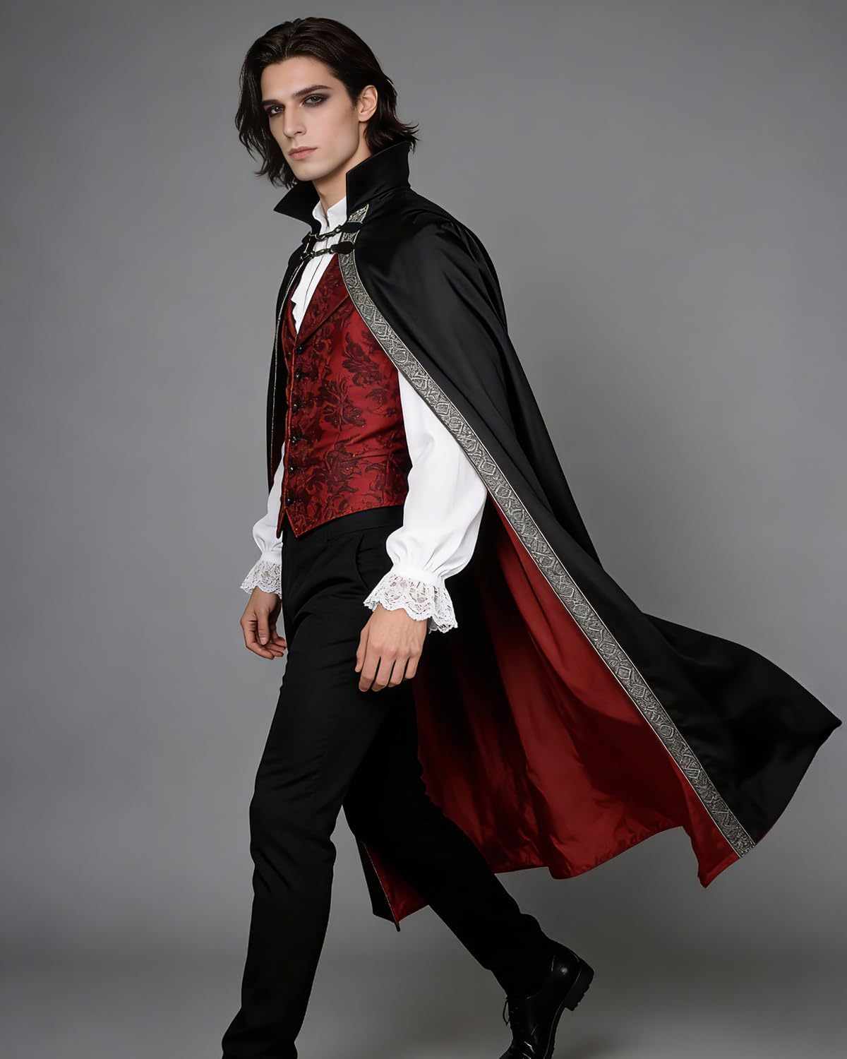 L'VOW Gothic Vampire Cape with Stand-Up Collar Medieval Red Lined Cloak