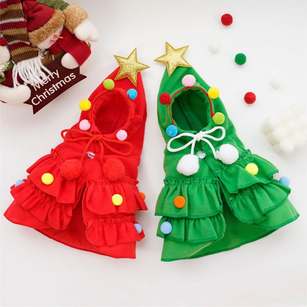 Pet Christmas Tree Hooded Cloak Costume for Cats Small Dogs with a Collar (Christmas Tree with a Collar-Green, S(3-5 lb))