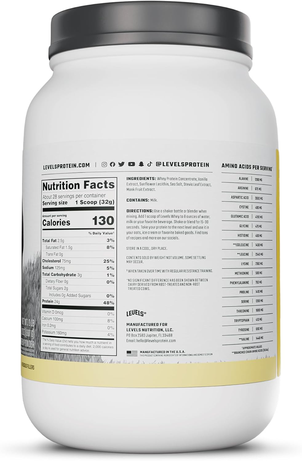 Levels Whey Protein Powder, No Artificial Ingredients, Vanilla Bean, 2LB | 24G of protein and 5.4G BCAAs per scoop, made with hormone-free dairy, zero junk, no fillers, no added sugar, certified clean