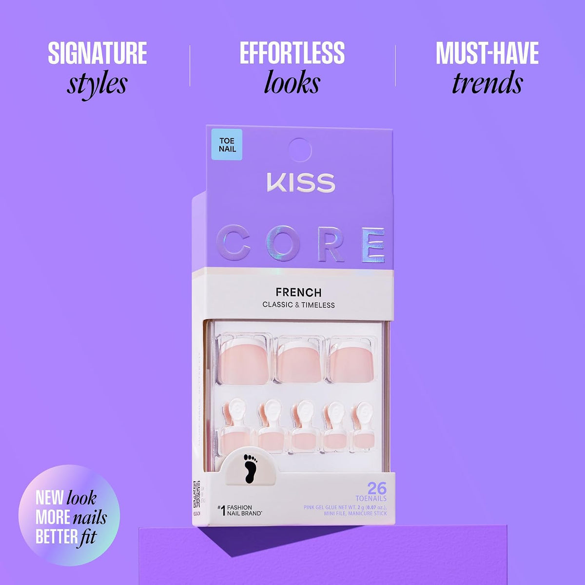 Kiss Core, Press On Nails, Nail glue included, 'Two of a Kind', White, Short Size, Squoval Shape, Includes 26 Toenails, 2g Glue, 1 Manicure Stick, 1 Mini File